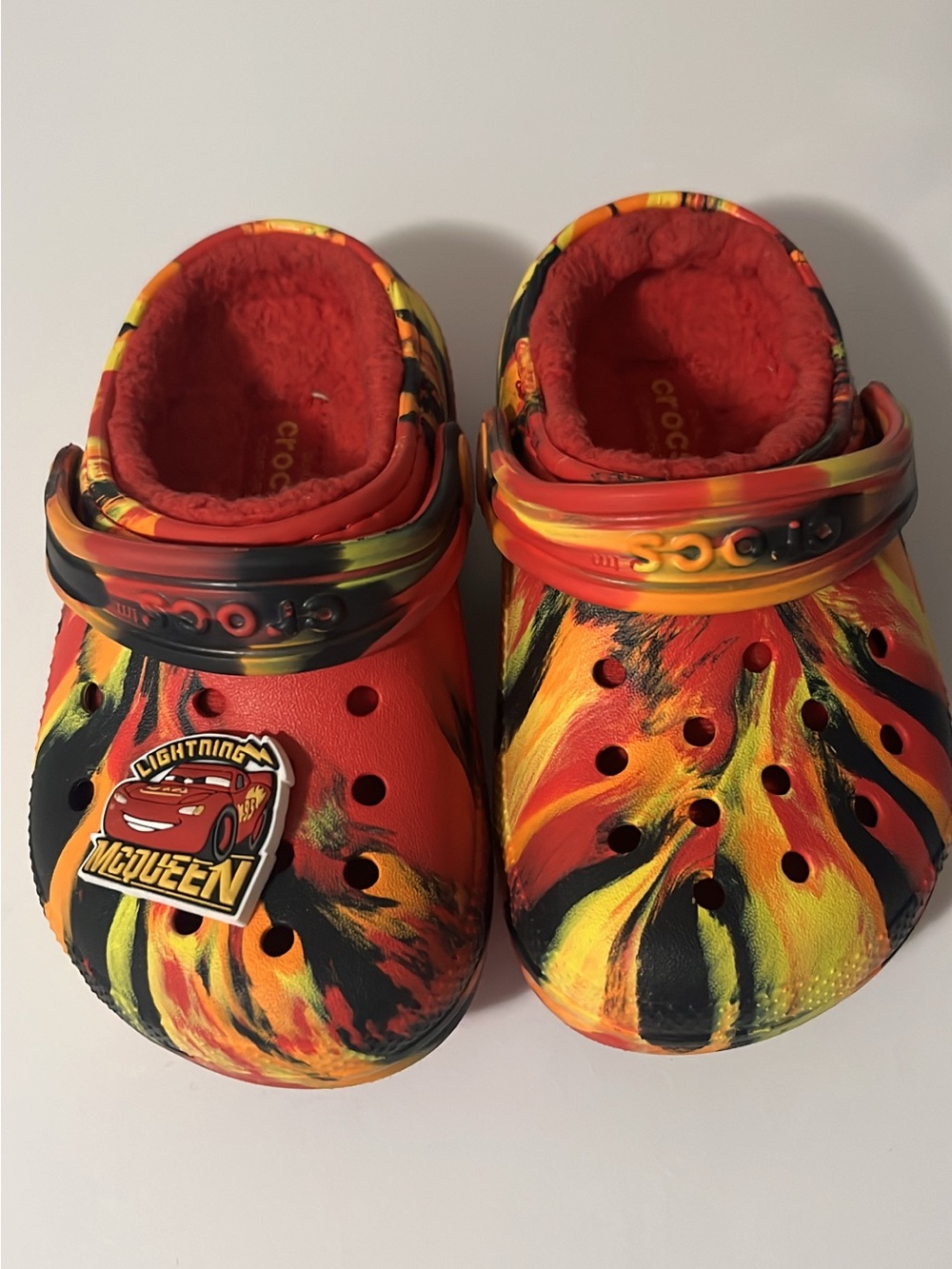 CROCS Kids Lightning McQueen Flame Tie-Dye Clogs in Red Yellow Black